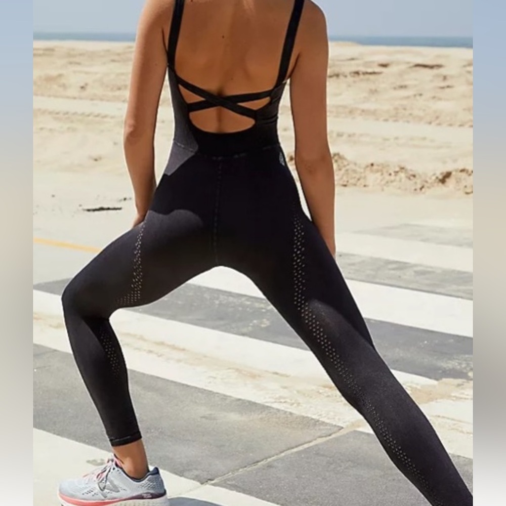 FP Movement by Free People Black Seamless Strappy Back Jumpsuit